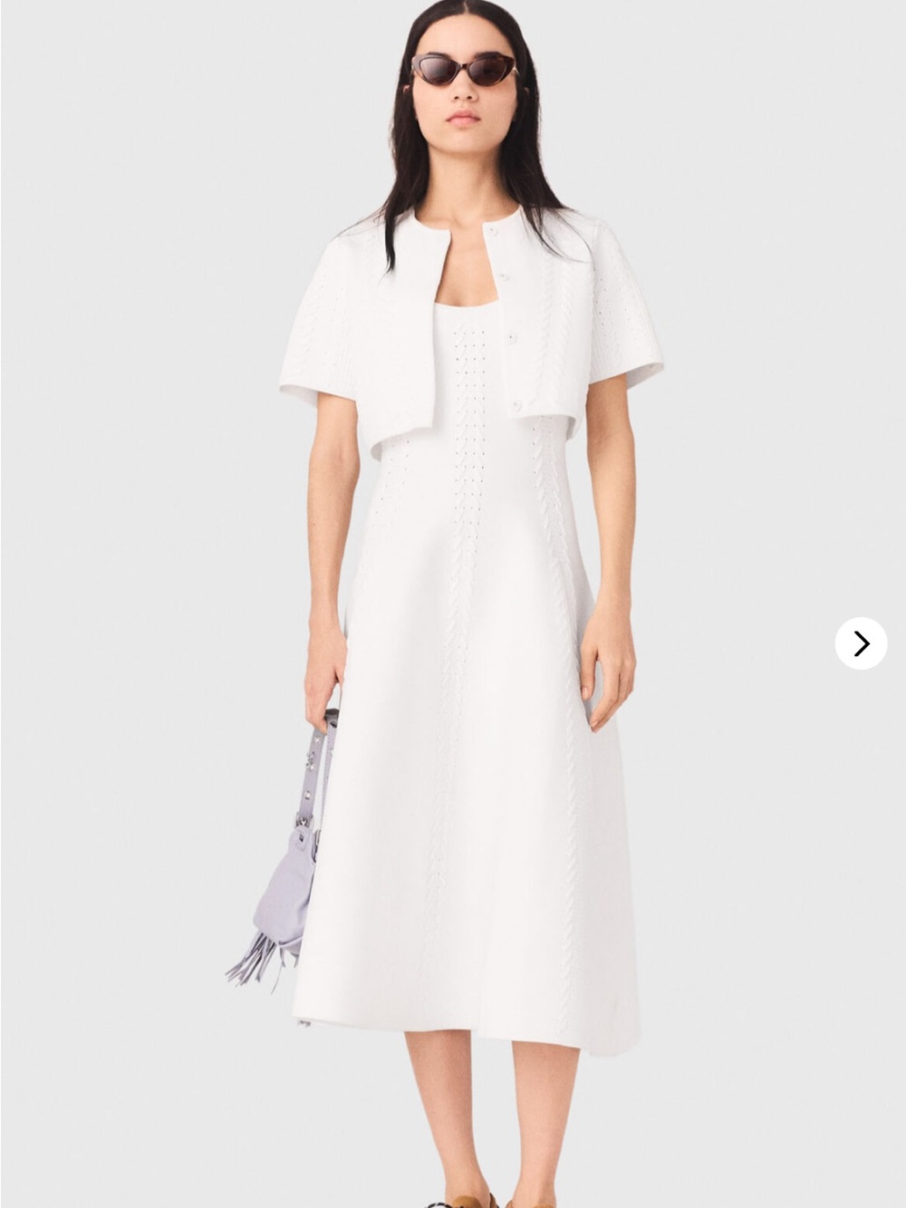 Maje White Textured Midi Dress with Cropped Jacket